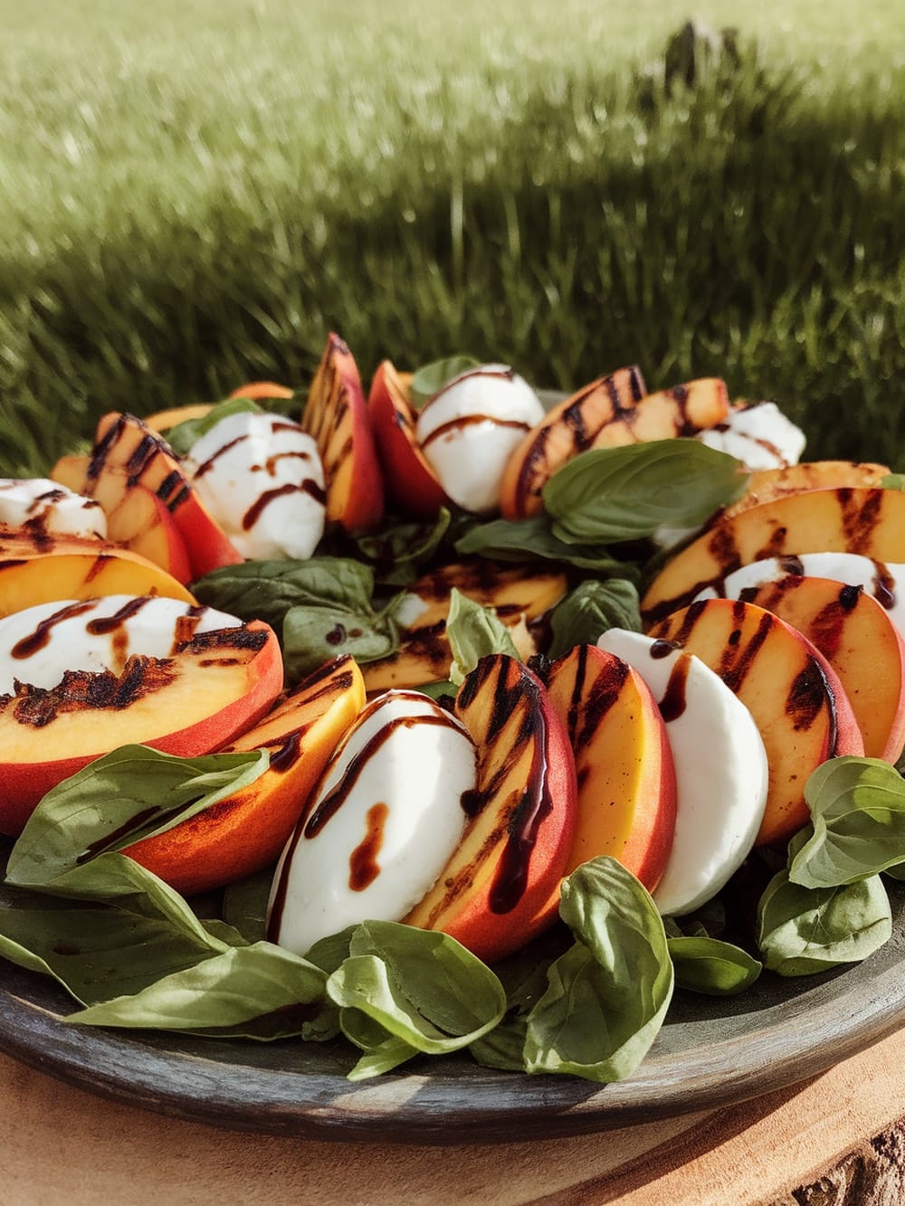 A colorful plate of grilled peach caprese salad featuring grilled peaches, fresh mozzarella, and basil.