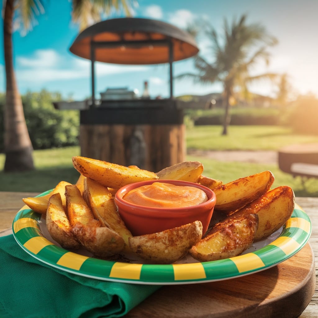 15 Ridiculously Tasty BBQ Sides That Steal the Show 13 Delicious Caribbean Jerk Potato Wedges served with a dipping sauce on a colorful plate.
