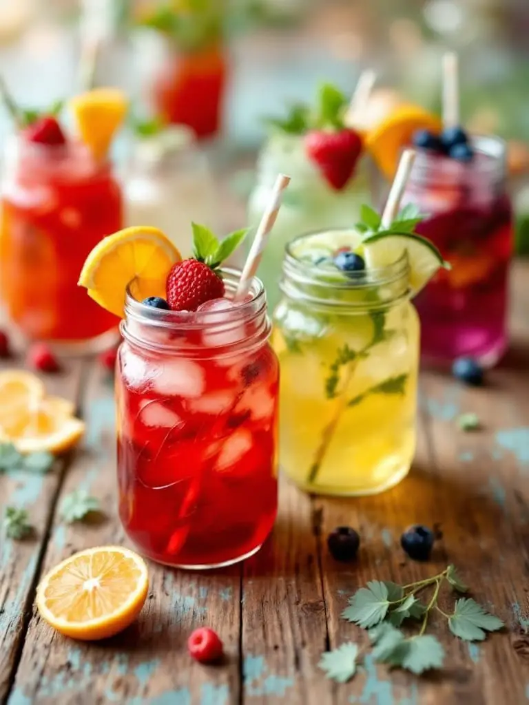 12 Must-Have Foods and Drinks for Ultimate Backyard Movie Nights 9 Colorful mason jar cocktails with fruits and garnishes