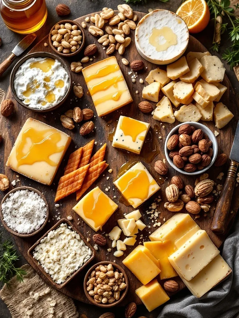 15 Delicious Food Ideas for a Viking-Themed Party 13 A beautifully arranged cheese and honey board featuring various cheeses, nuts, and fruits for a Viking-themed party.