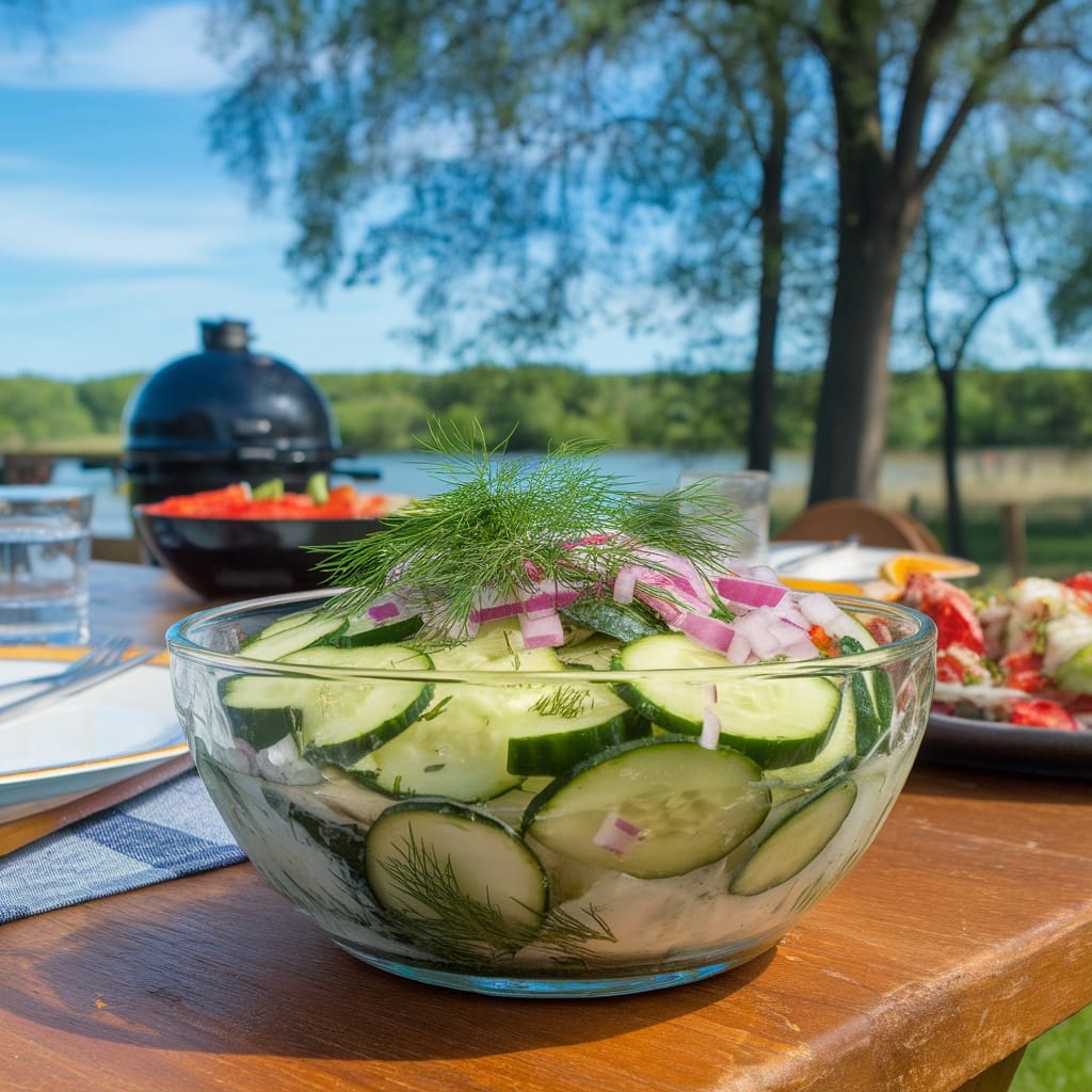 15 Ridiculously Tasty BBQ Sides That Steal the Show 10 A bowl of classic cucumber salad with sliced cucumbers, red onions, and fresh dill