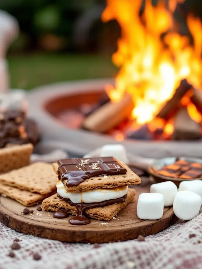 12 Must-Have Foods and Drinks for Ultimate Backyard Movie Nights 2 Classic s'mores setup with graham crackers, marshmallows, and chocolate over a fire.