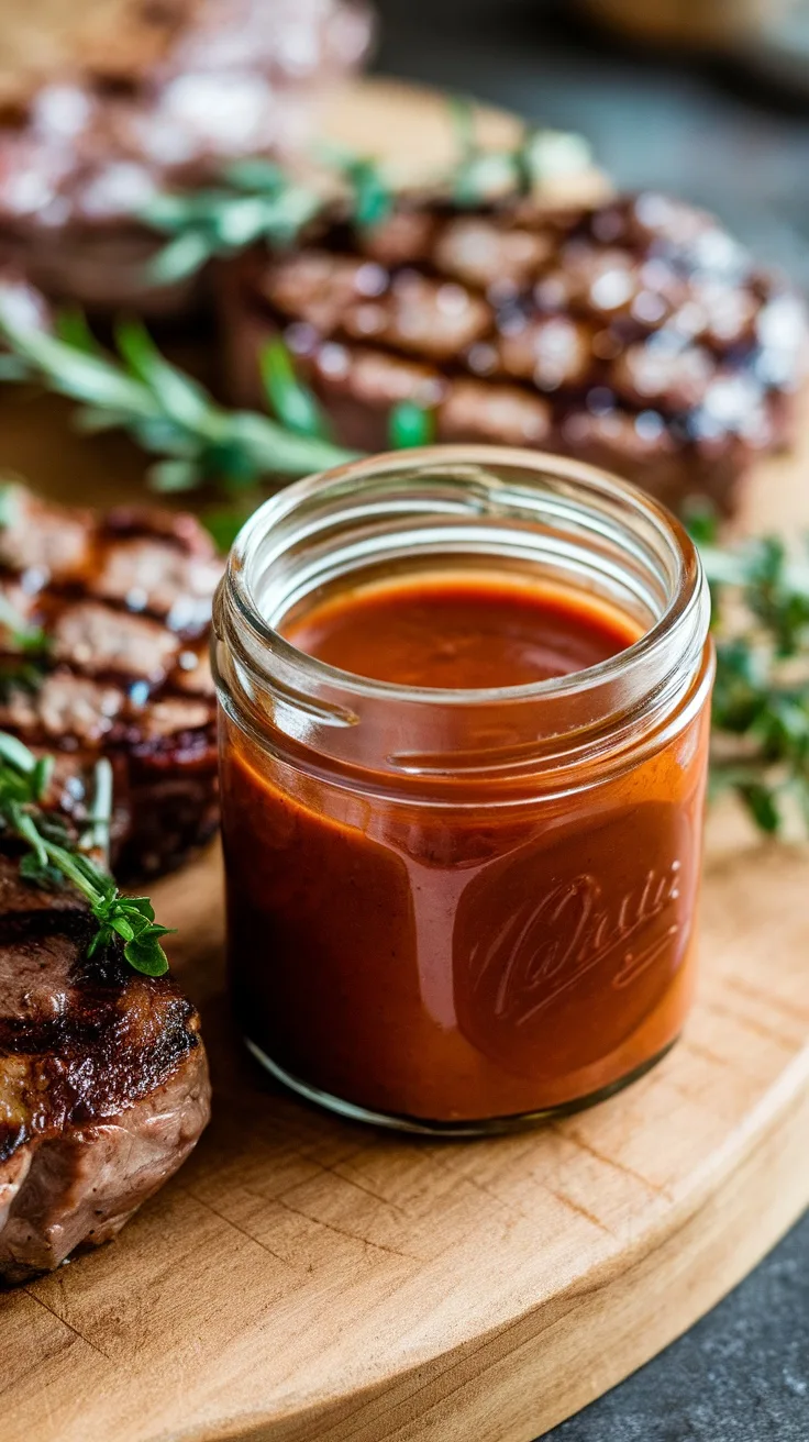 10 Incredible BBQ Sauces with 5 Ingredients or Less 11 A jar of homemade Worcestershire sauce being poured into another jar, with rosemary sprigs and grilled meat in the background.