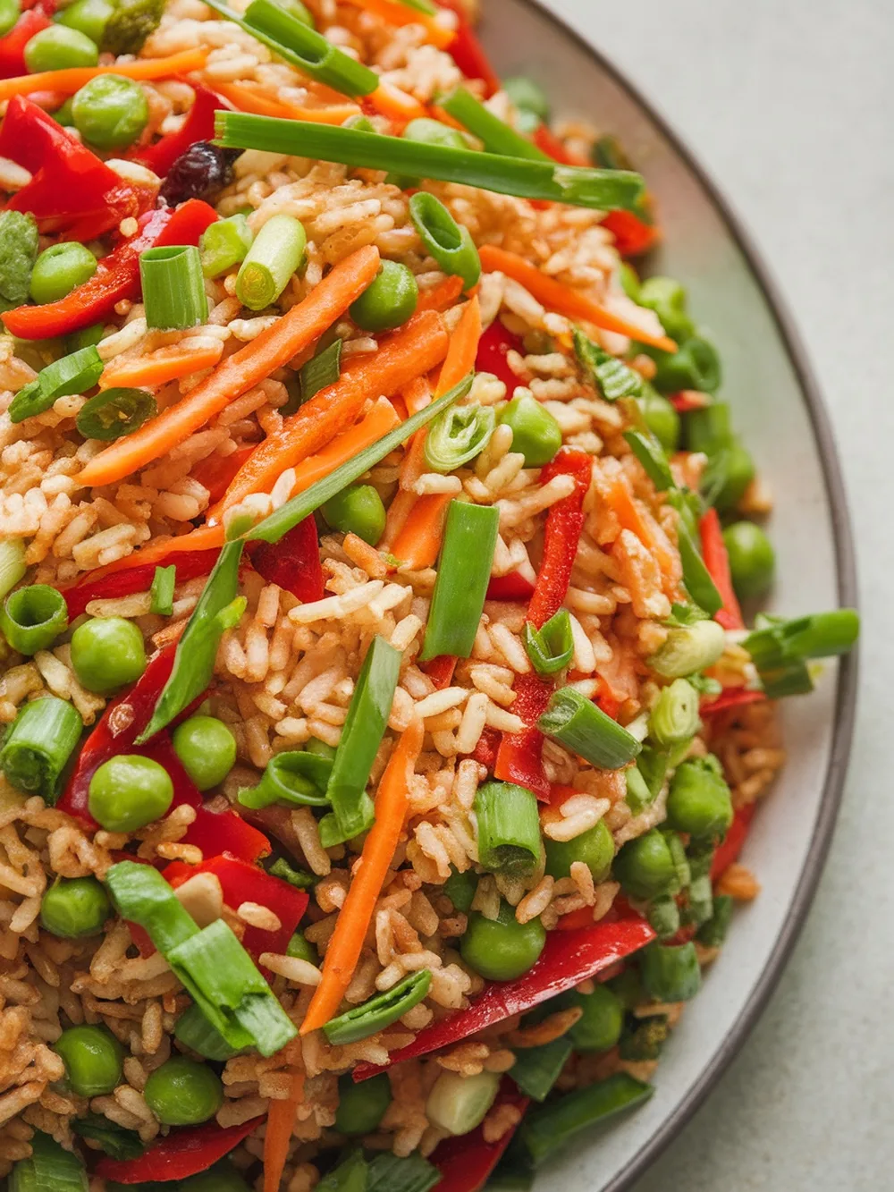 A colorful rice salad with peas, carrots, and bell peppers.