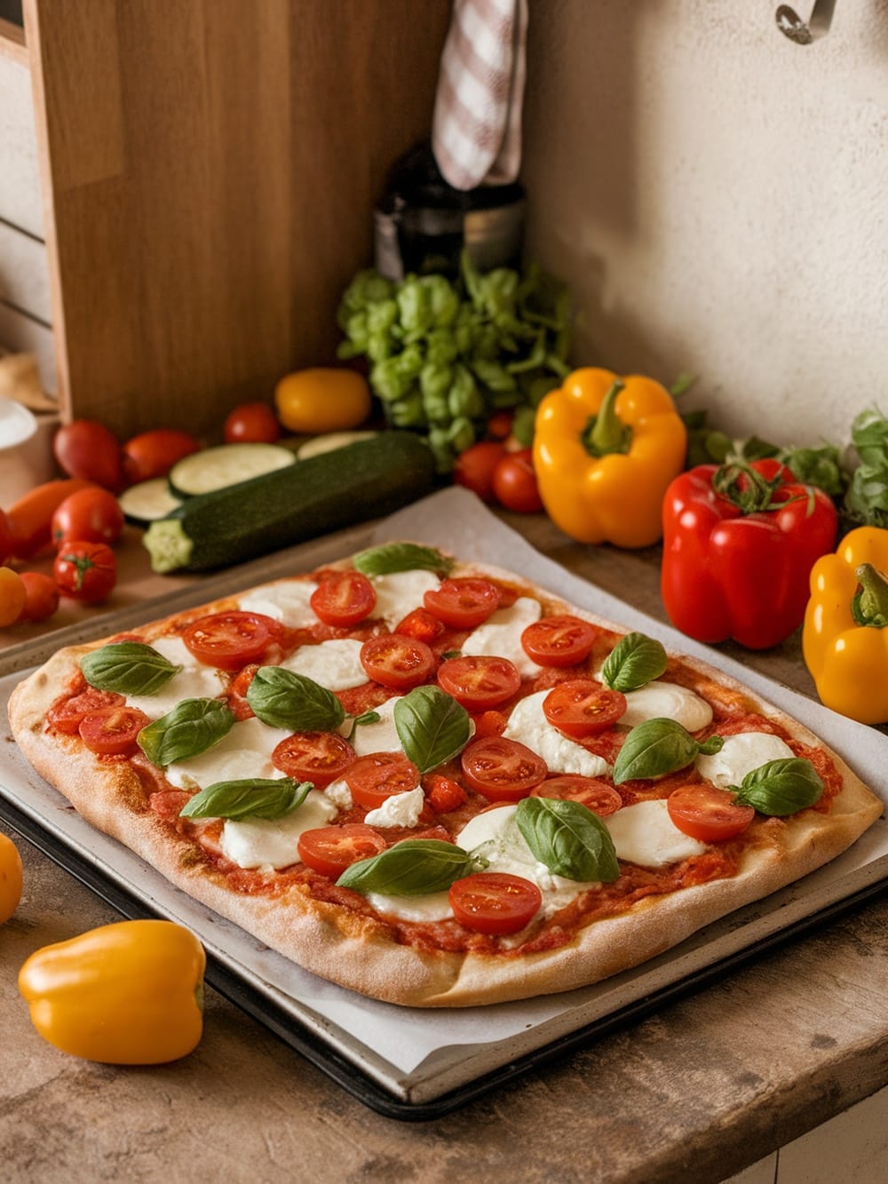 A sheet-pan Margherita flatbread pizza topped with mozzarella, cherry tomatoes, and basil.