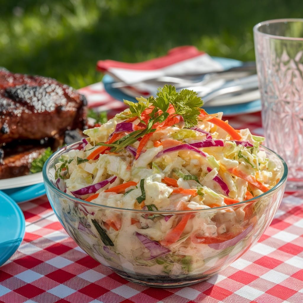 15 Ridiculously Tasty BBQ Sides That Steal the Show 5 A bowl of creamy coleslaw with mixed vegetables