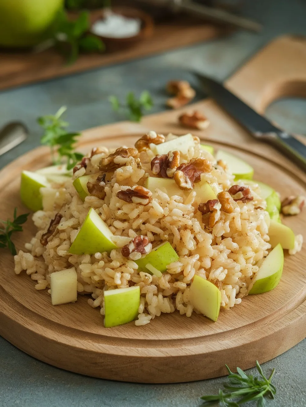 A bowl of rice salad with diced apples and walnuts.