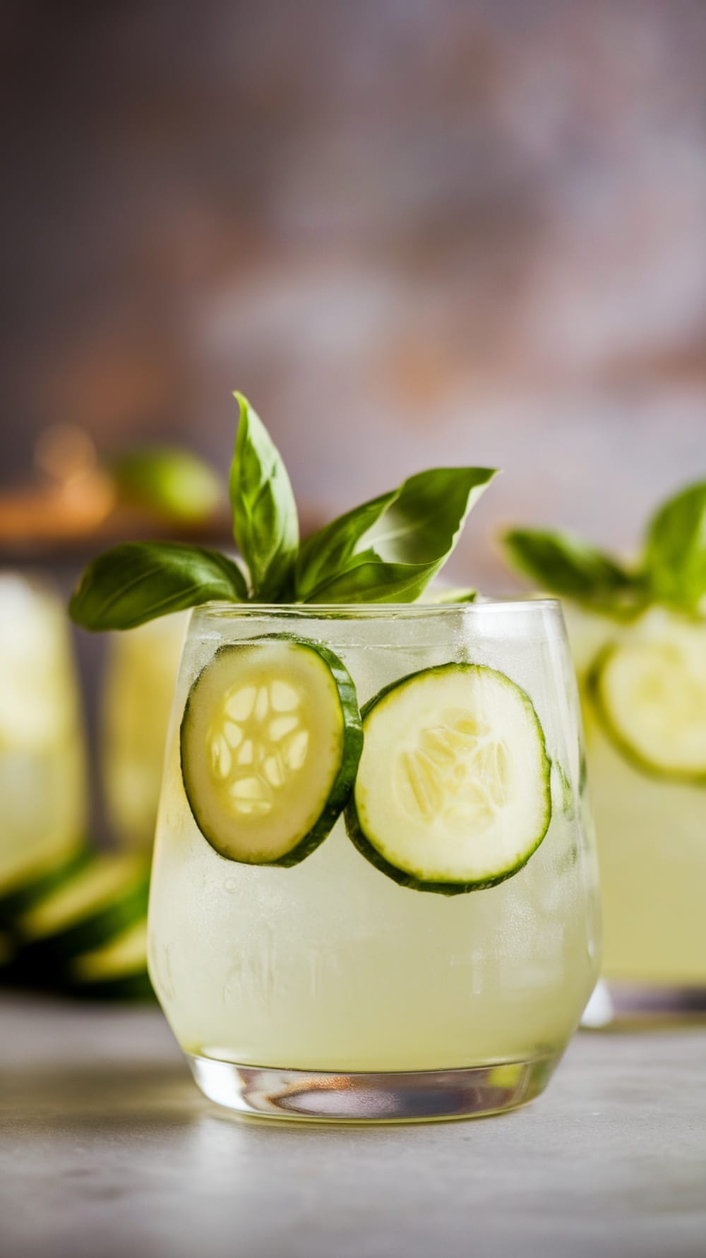 18 Epic Summer Cocktail Recipes to Keep You Cool All Season 5 A refreshing Cucumber Basil Gimlet cocktail in a glass with cucumber slices and basil leaves.