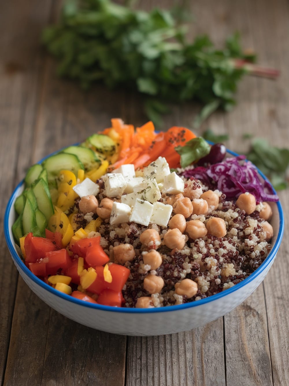 A colorful bowl of Mediterranean quinoa power bowl with fresh vegetables and feta cheese.