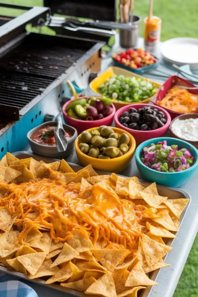 12 Must-Have Foods and Drinks for Ultimate Backyard Movie Nights 5 A colorful DIY nacho station with various toppings and dips