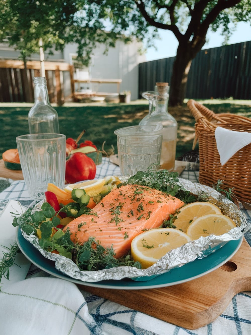 Lemon herb salmon foil packets ready to cook outdoors.
