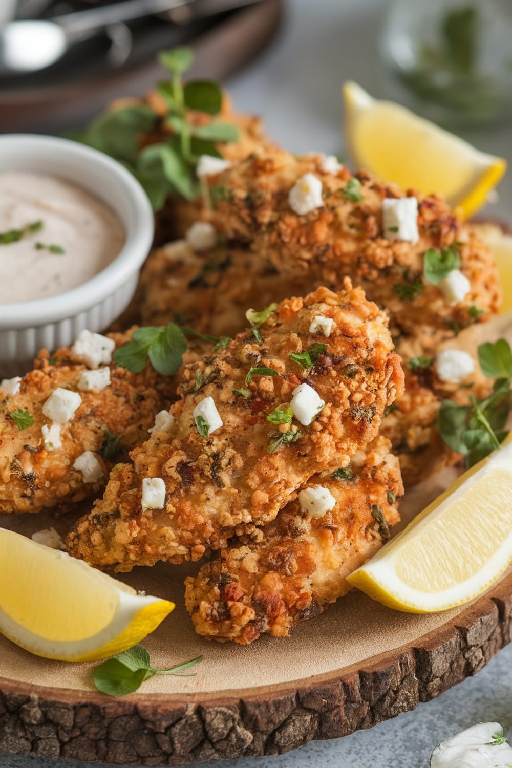 Feta-Crusted Chicken Tenders served with lemon and dipping sauce