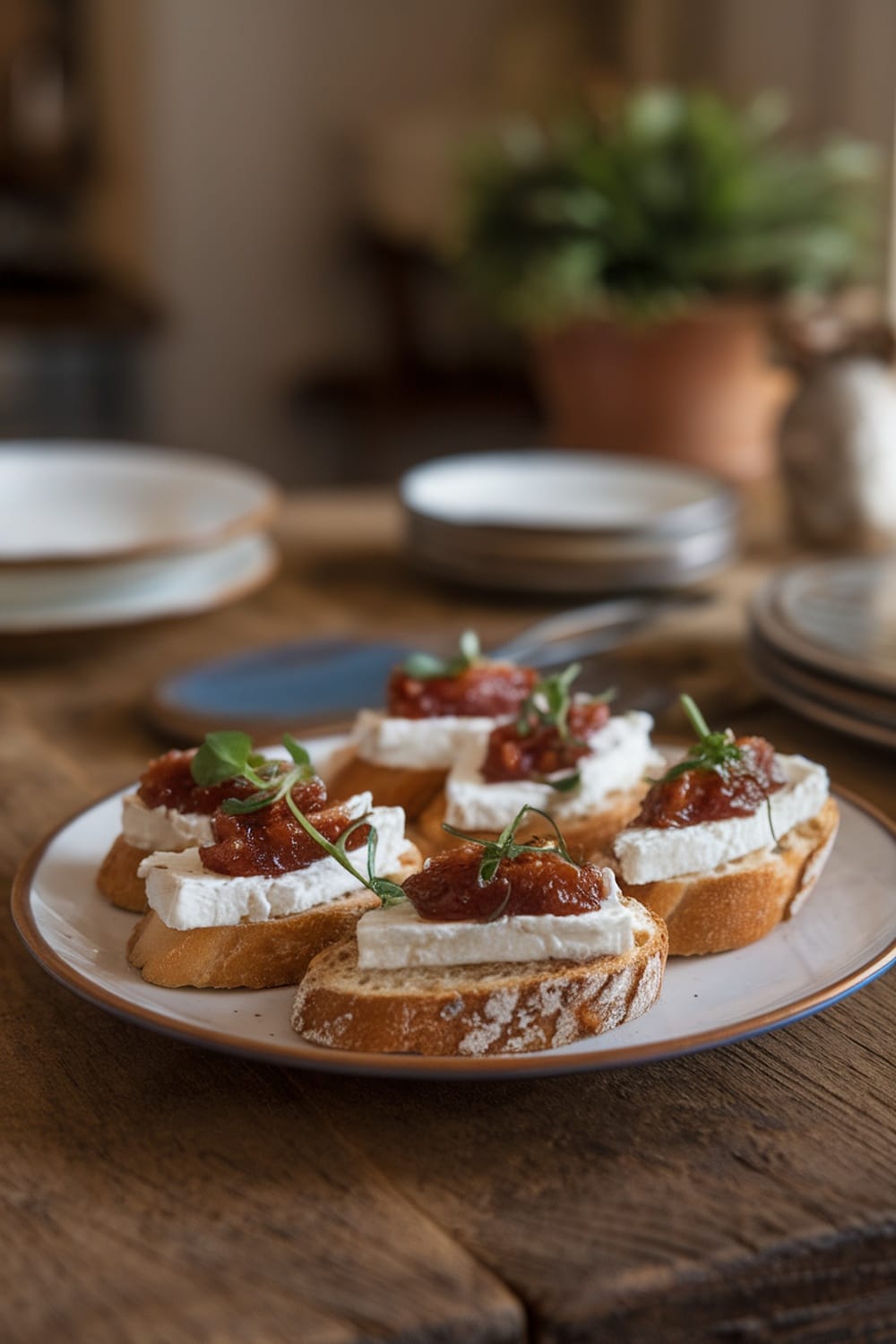 Feta and fig jam crostini topped with fresh herbs on a wooden table