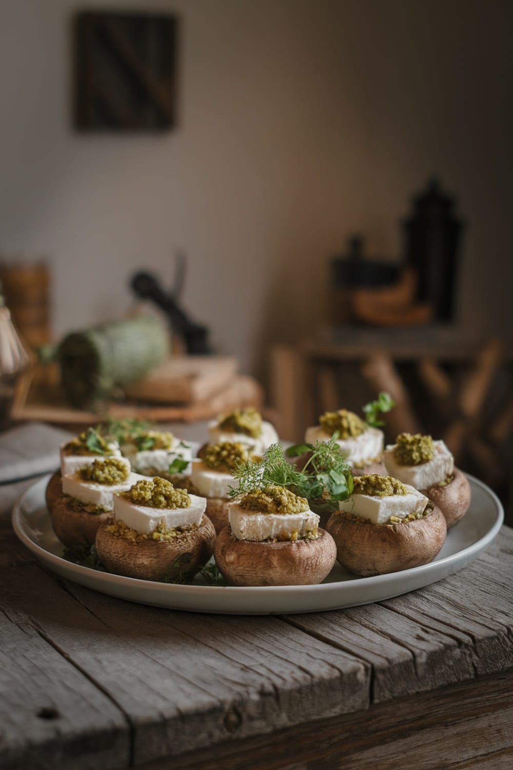 Feta and pesto stuffed mushrooms arranged on a plate with a rustic background.