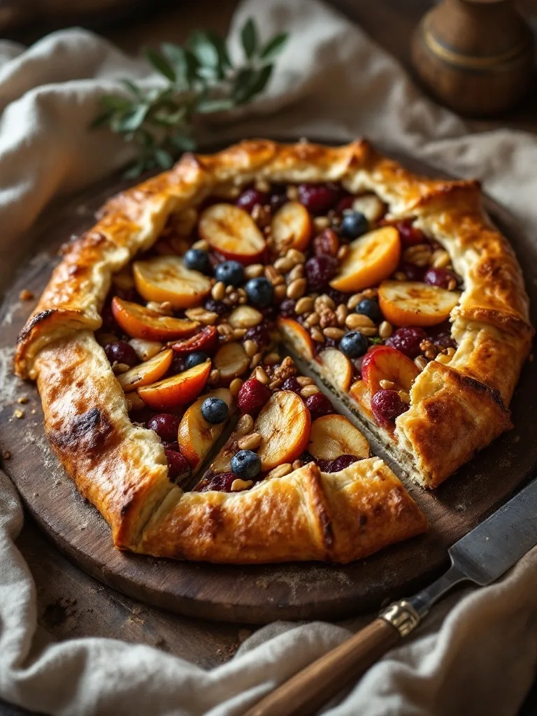 15 Delicious Food Ideas for a Viking-Themed Party 16 Fruit and nut galette on a wooden board with a rustic setting.