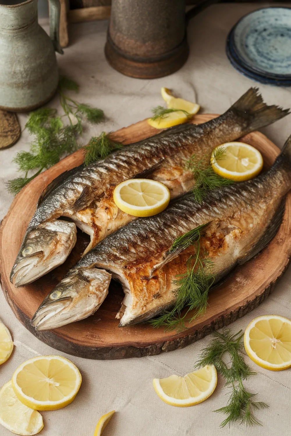 15 Delicious Food Ideas for a Viking-Themed Party 6 Grilled fish garnished with lemon slices and dill on a wooden platter.