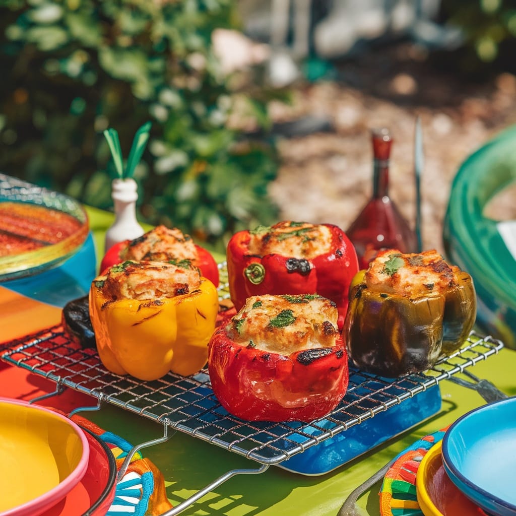 15 Ridiculously Tasty BBQ Sides That Steal the Show 12 A colorful display of grilled stuffed peppers filled with rice and beans.