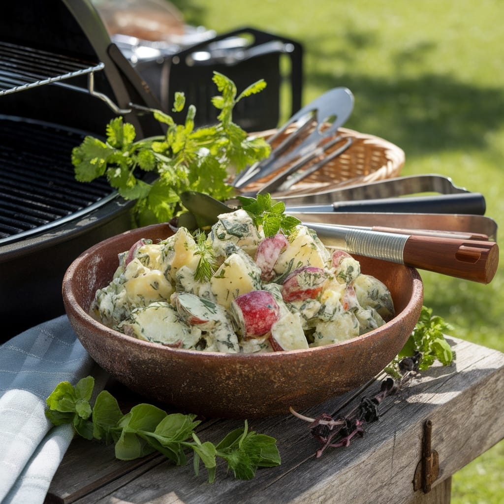 15 Ridiculously Tasty BBQ Sides That Steal the Show 4 A bowl of herbed potato salad with fresh herbs, surrounded by BBQ utensils.