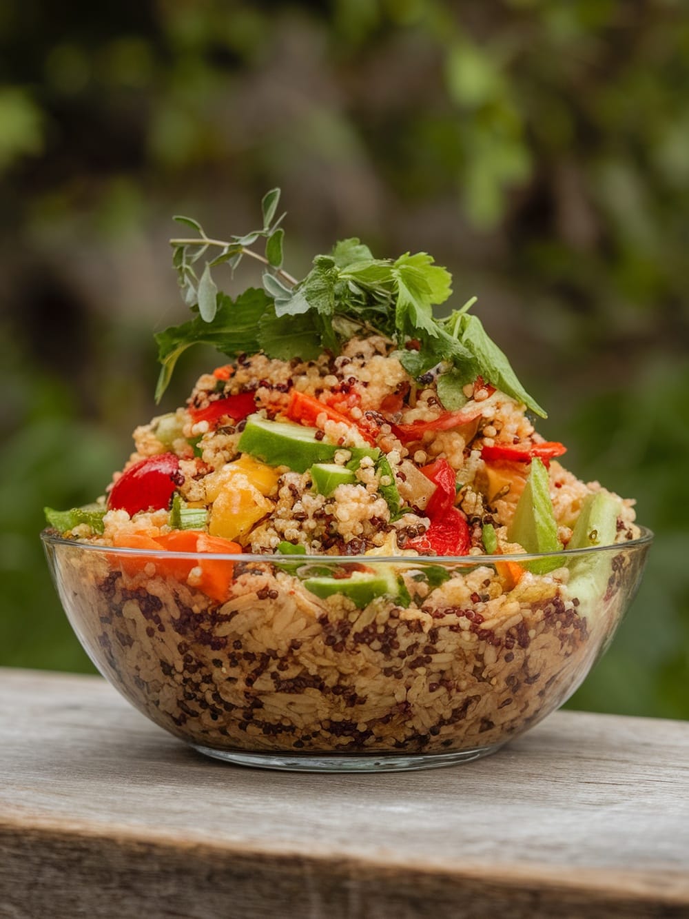 A bowl of colorful herbed quinoa and rice salad with fresh vegetables and herbs.