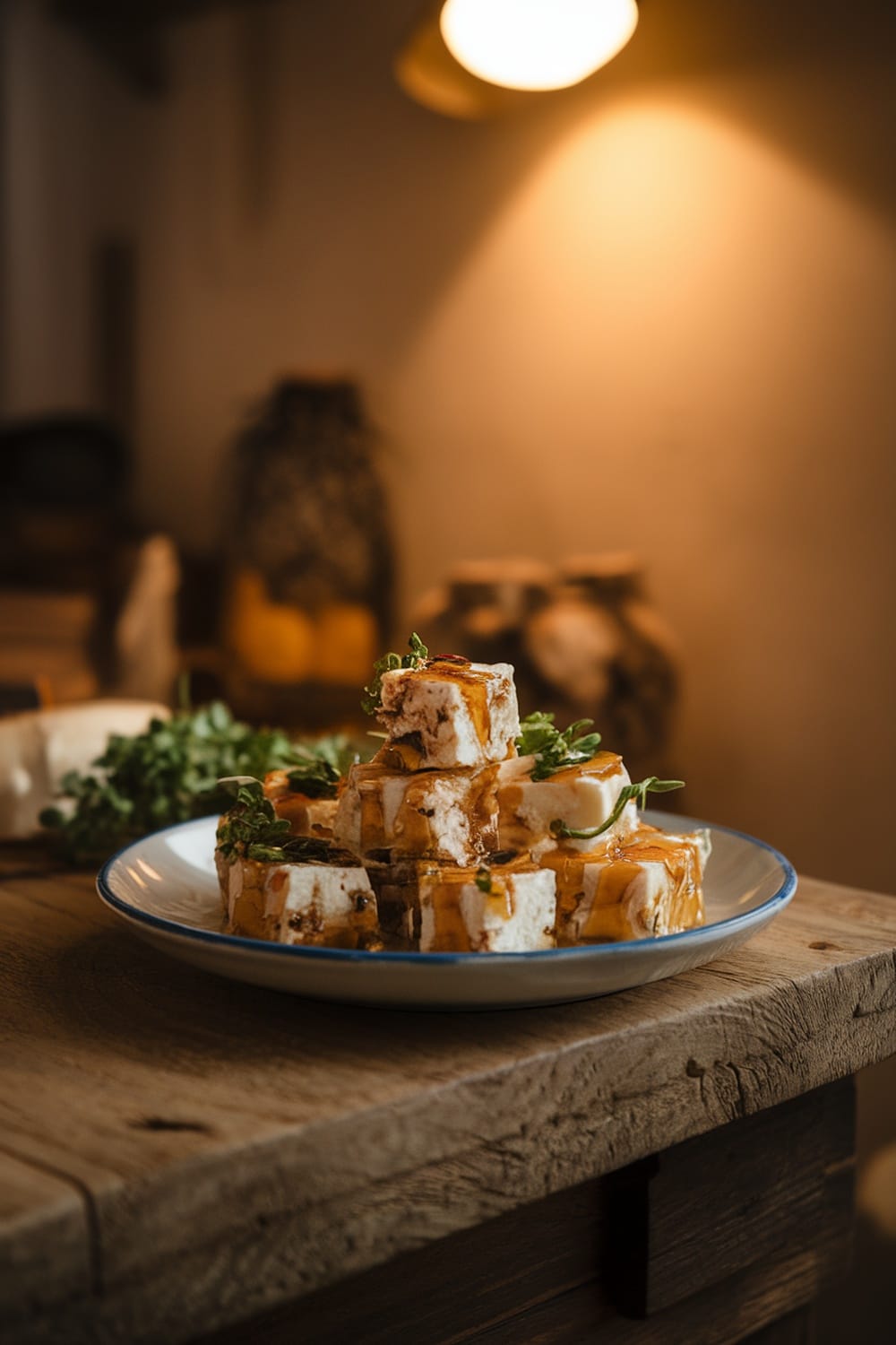 A plate of honey-roasted feta and almond snack bites, garnished with herbs.