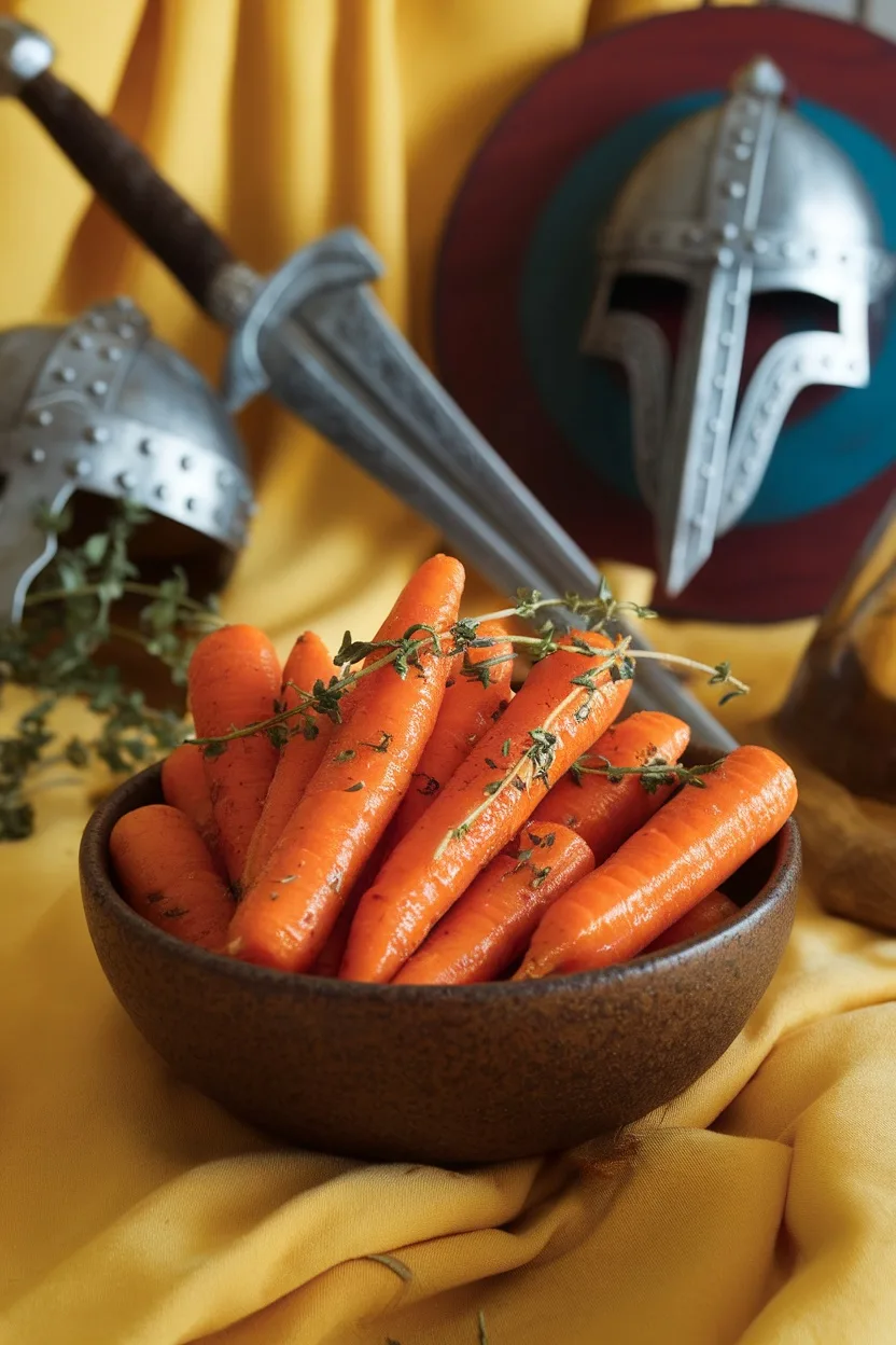 15 Delicious Food Ideas for a Viking-Themed Party 2 A bowl of honey glazed carrots garnished with thyme, placed on a wooden table.