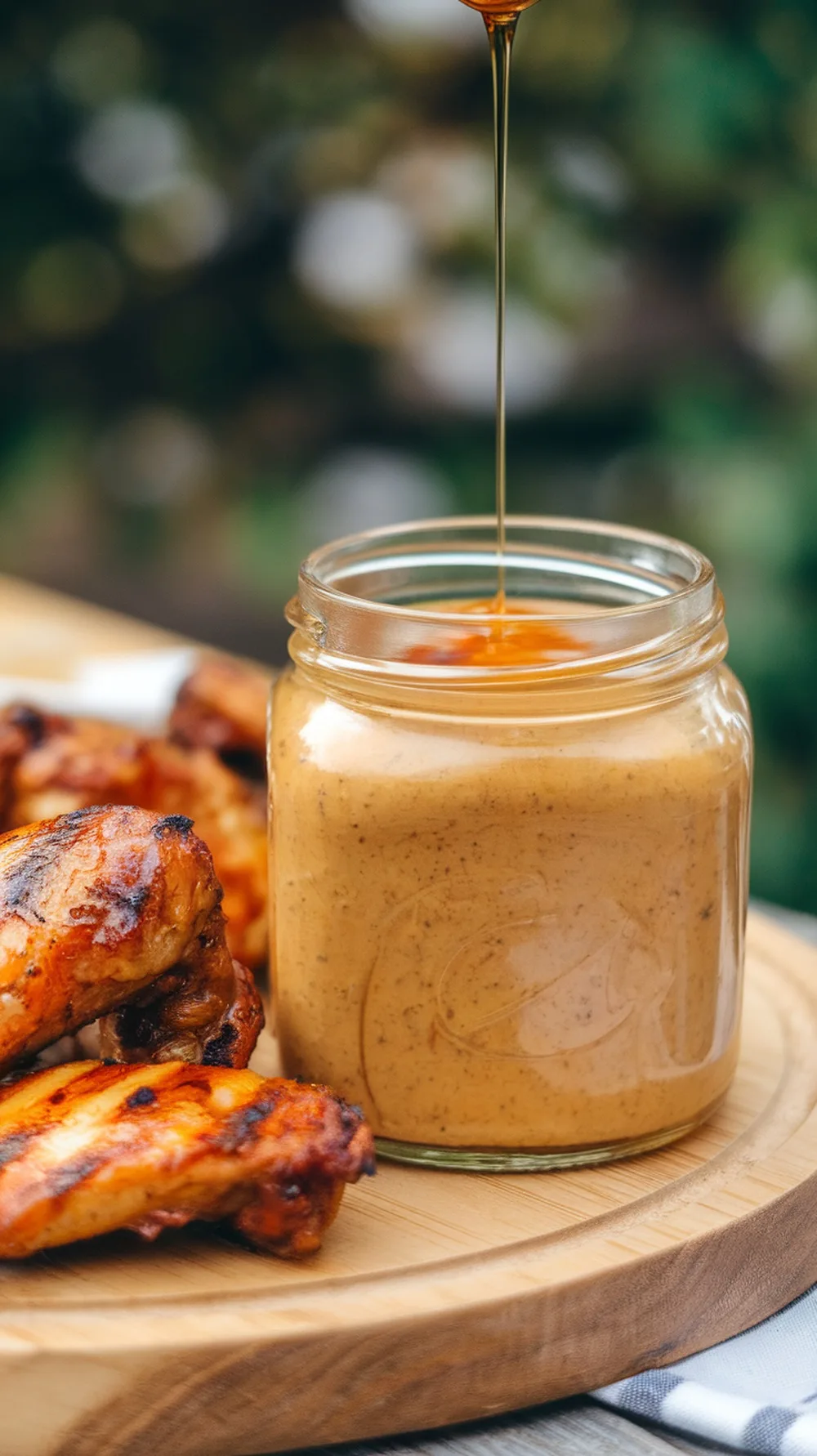 10 Incredible BBQ Sauces with 5 Ingredients or Less 3 Honey mustard BBQ dip in a jar with grilled chicken wings on a wooden platter.