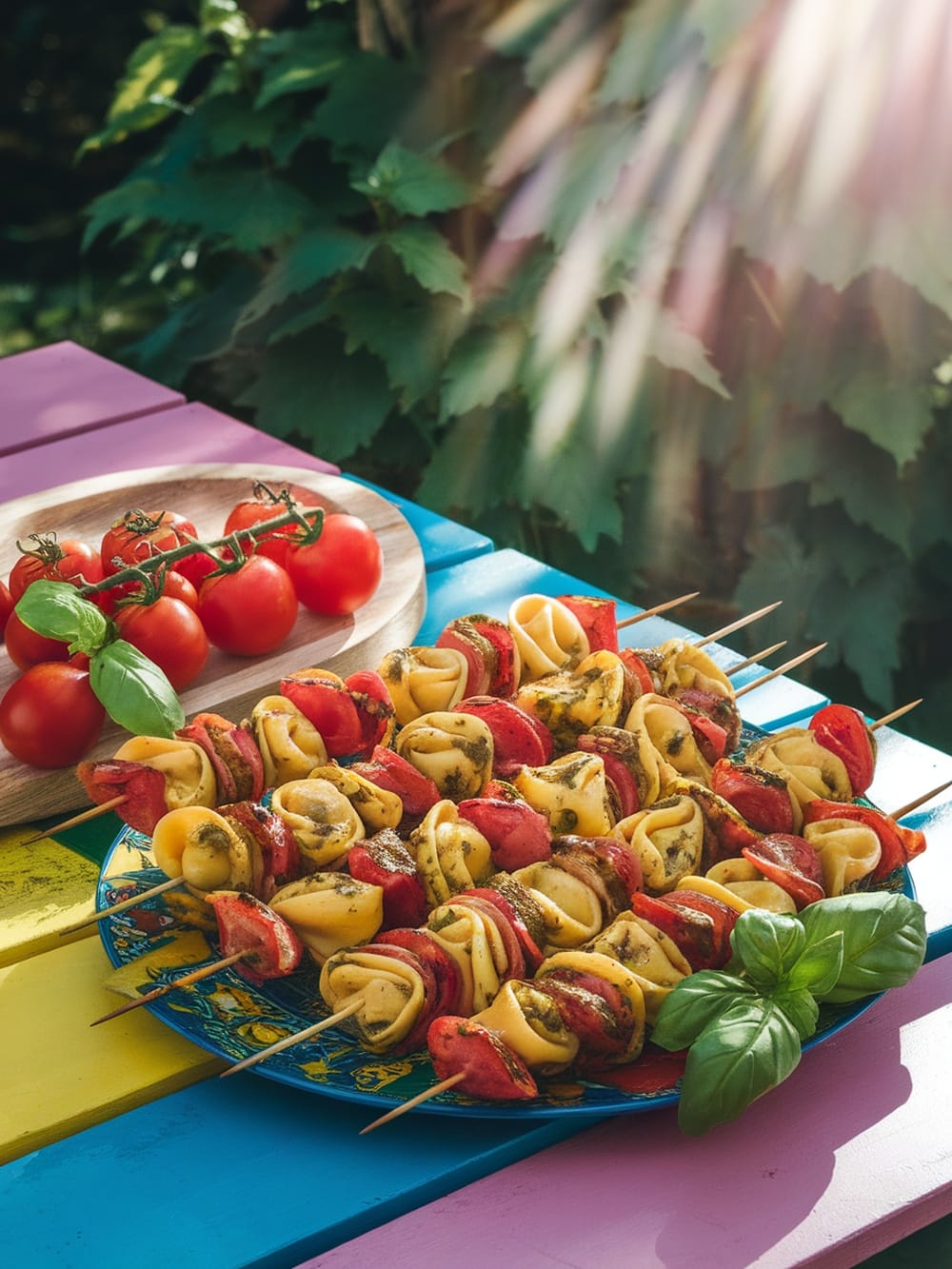 Colorful tortellini pesto kabobs on skewers with cherry tomatoes and bell peppers.