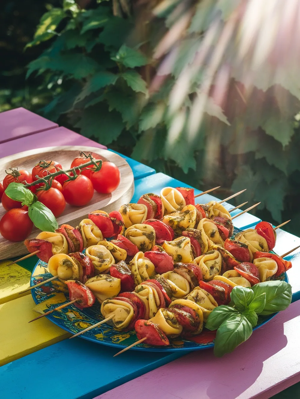 12 Genius Dinner Ideas for a Perfect Summer Evening 12 Colorful tortellini pesto kabobs on skewers with cherry tomatoes and bell peppers.