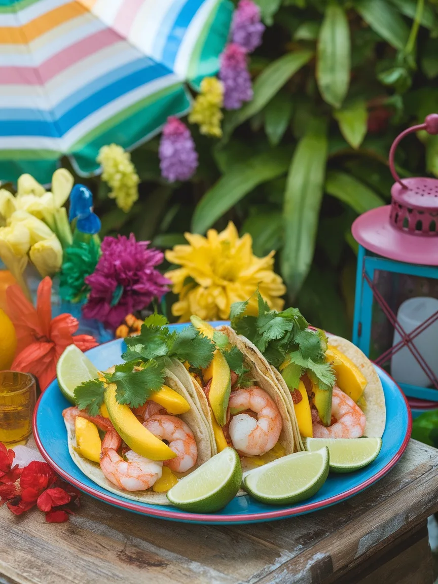 12 Genius Dinner Ideas for a Perfect Summer Evening 3 Mango-Avocado Shrimp Tacos on a colorful plate with lime wedges and cilantro