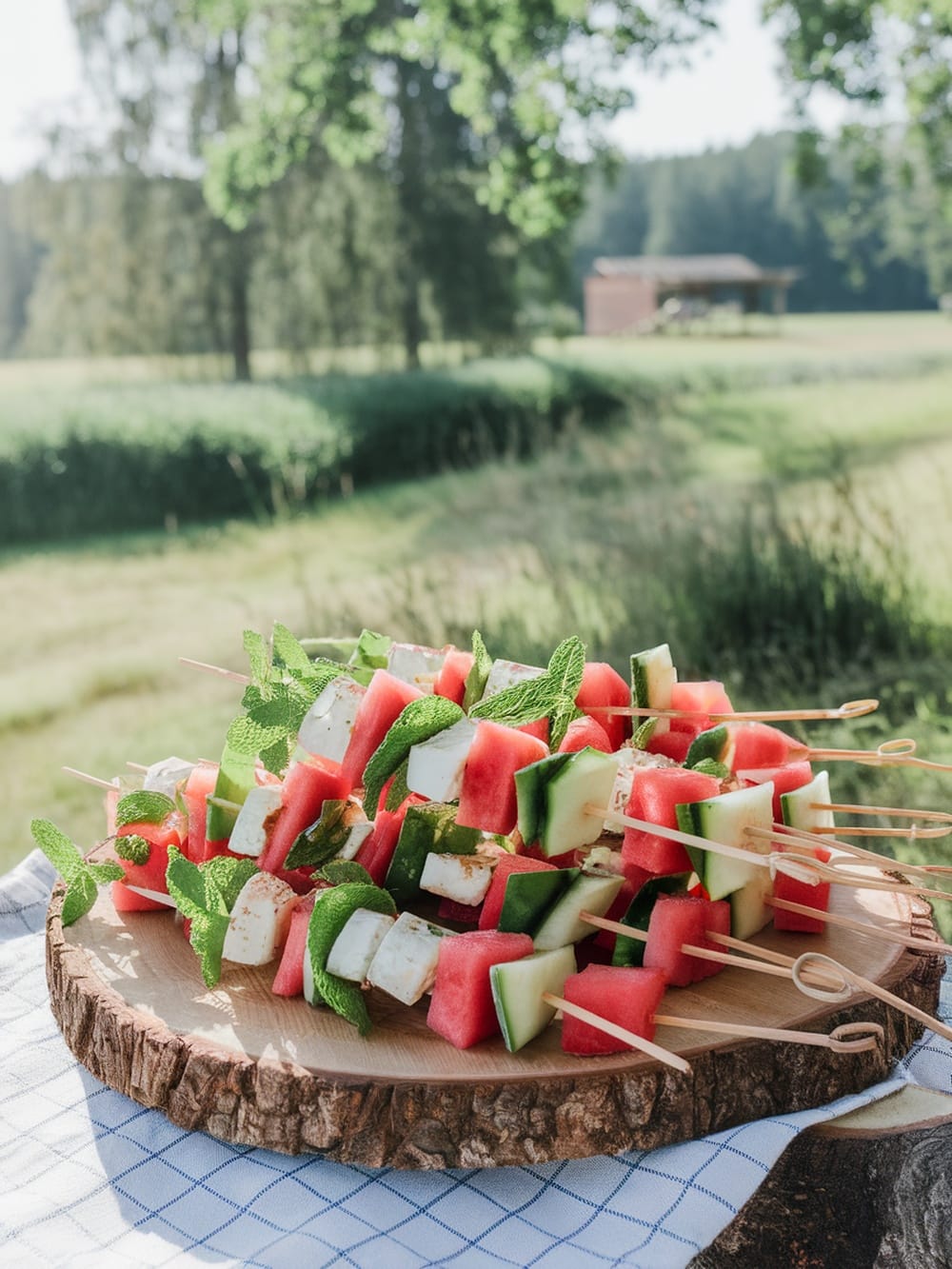 Colorful skewers of watermelon, feta cheese, and mint leaves on a wooden platter.