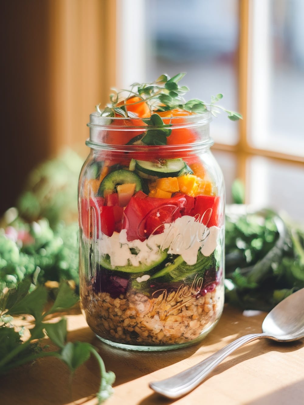 A colorful mason jar salad with layers of quinoa, vegetables, and feta cheese.