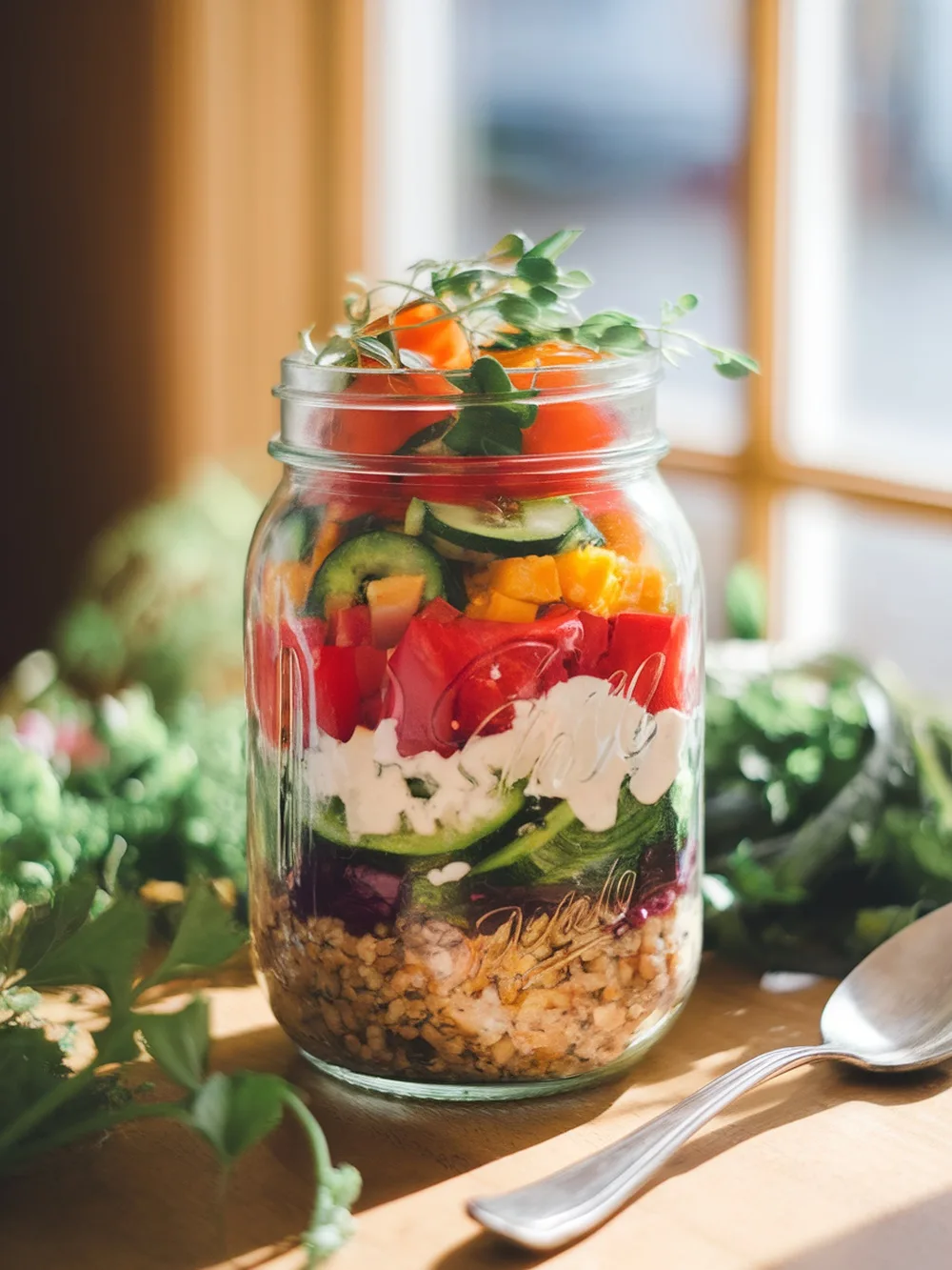 12 Genius Dinner Ideas for a Perfect Summer Evening 6 A colorful mason jar salad with layers of quinoa, vegetables, and feta cheese.