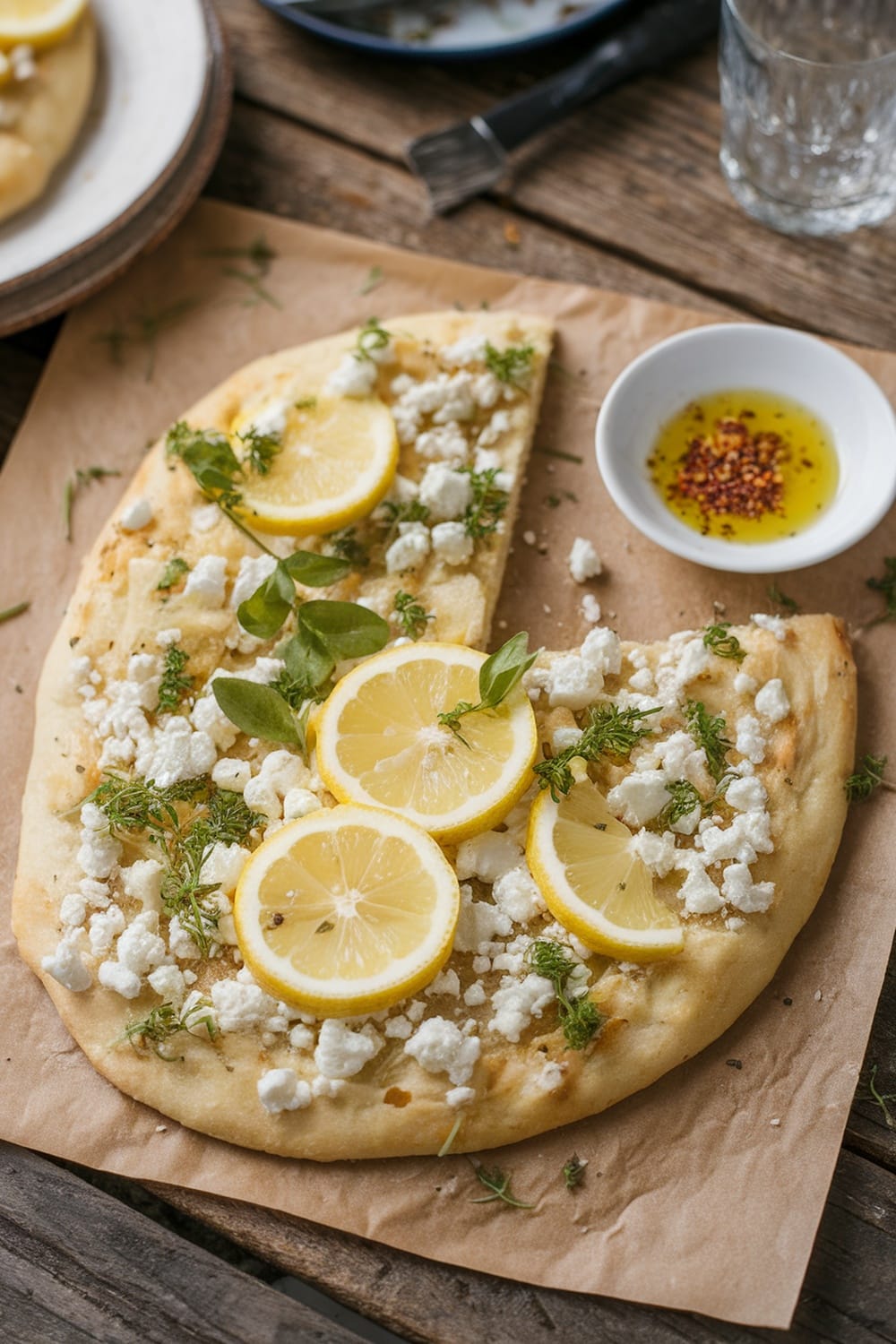 Flatbread topped with lemon slices, crumbled feta, and fresh herbs
