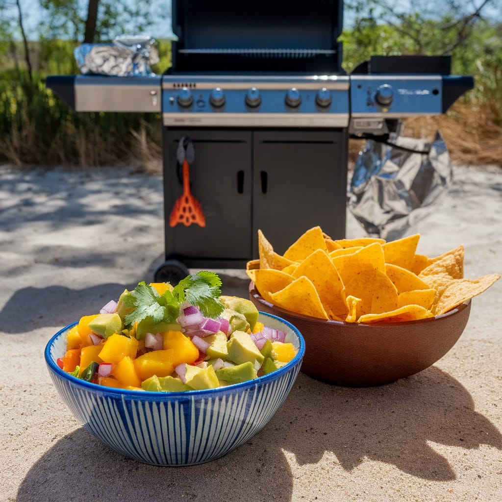 15 Ridiculously Tasty BBQ Sides That Steal the Show 15 A colorful bowl of mango avocado salsa accompanied by tortilla chips.
