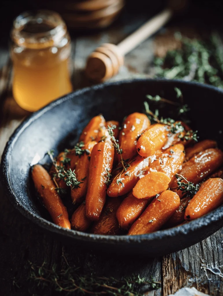 A bowl of honey glazed carrots garnished with thyme, placed on a wooden table.