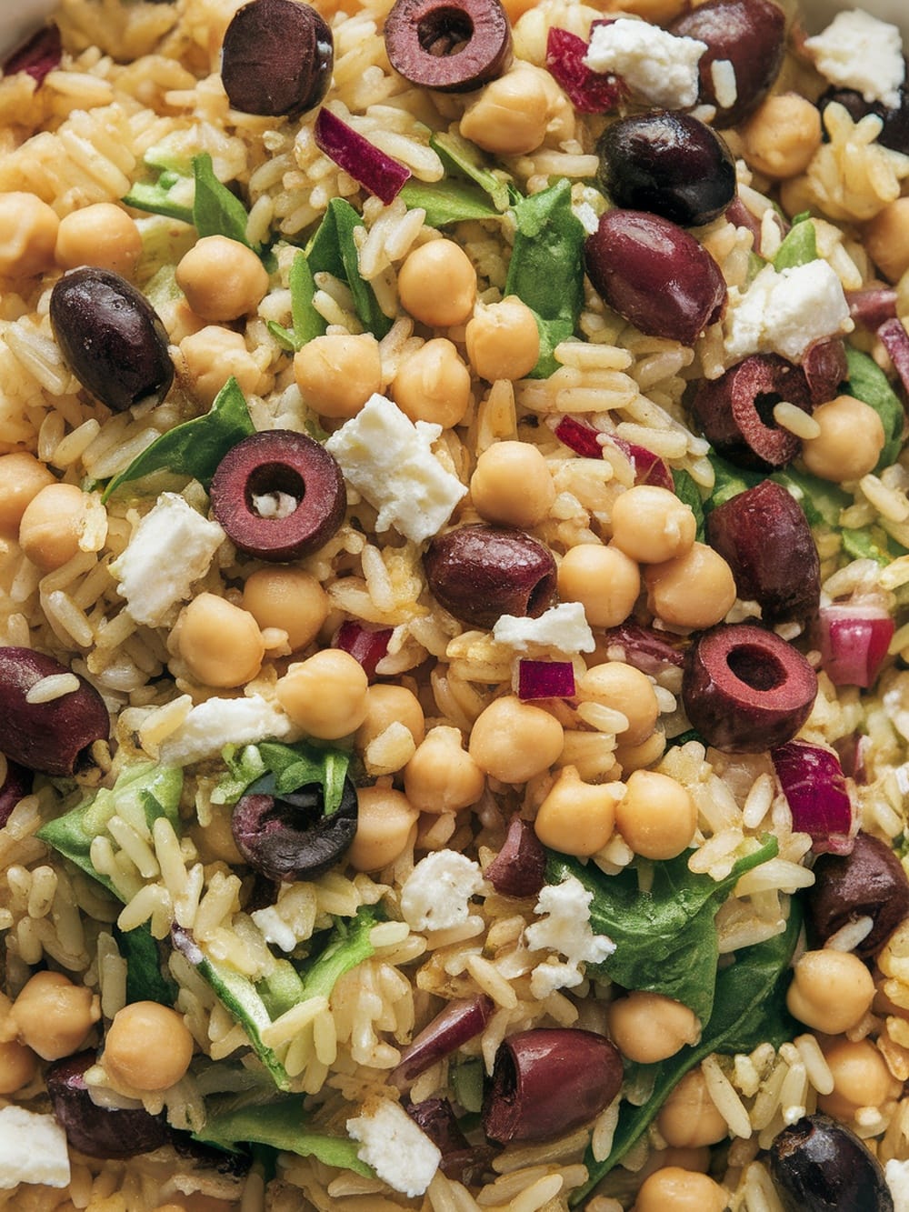 A vibrant Mediterranean salad featuring chickpeas, olives, spinach, and feta over rice.