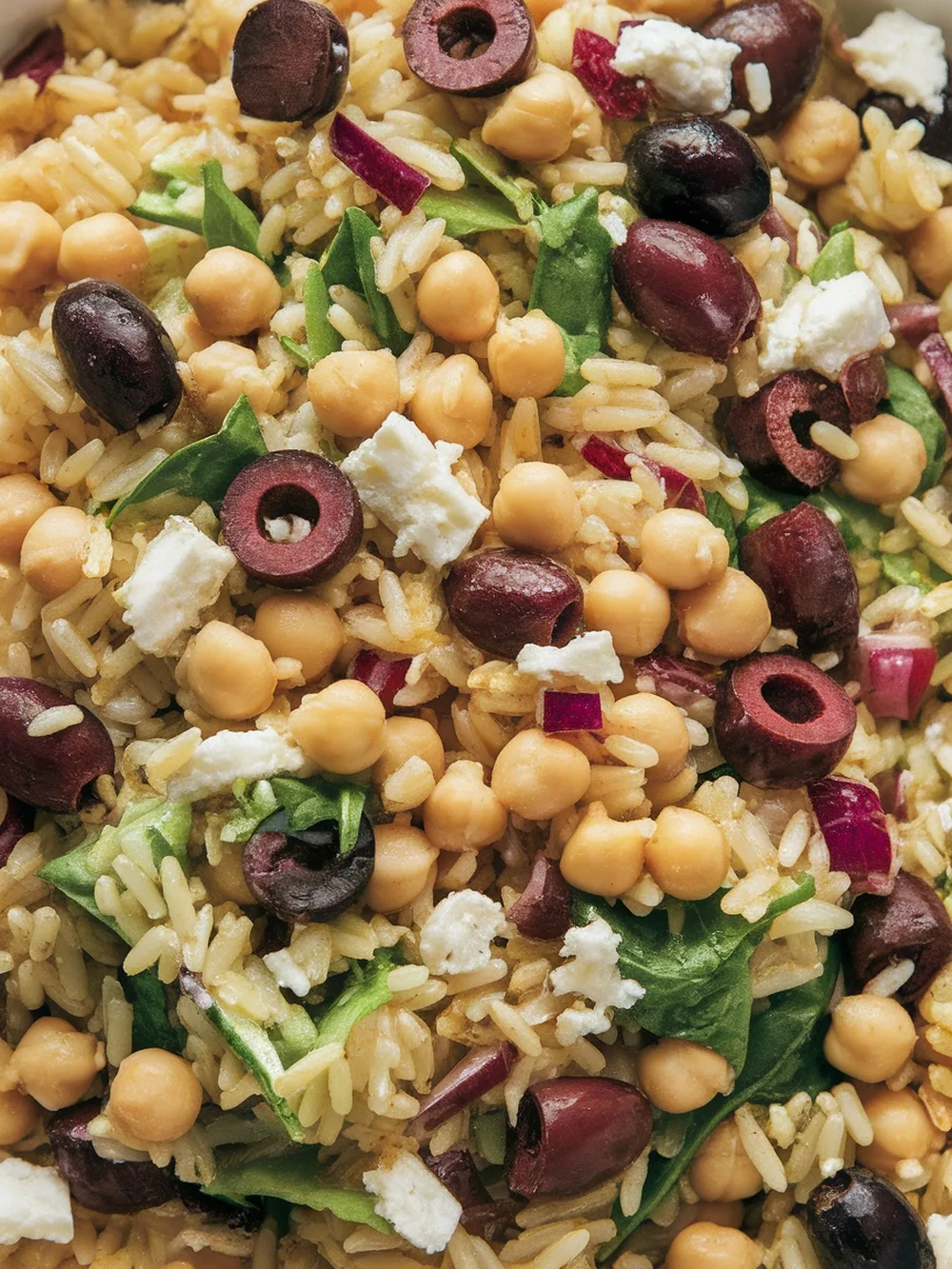 A vibrant Mediterranean salad featuring chickpeas, olives, spinach, and feta over rice.