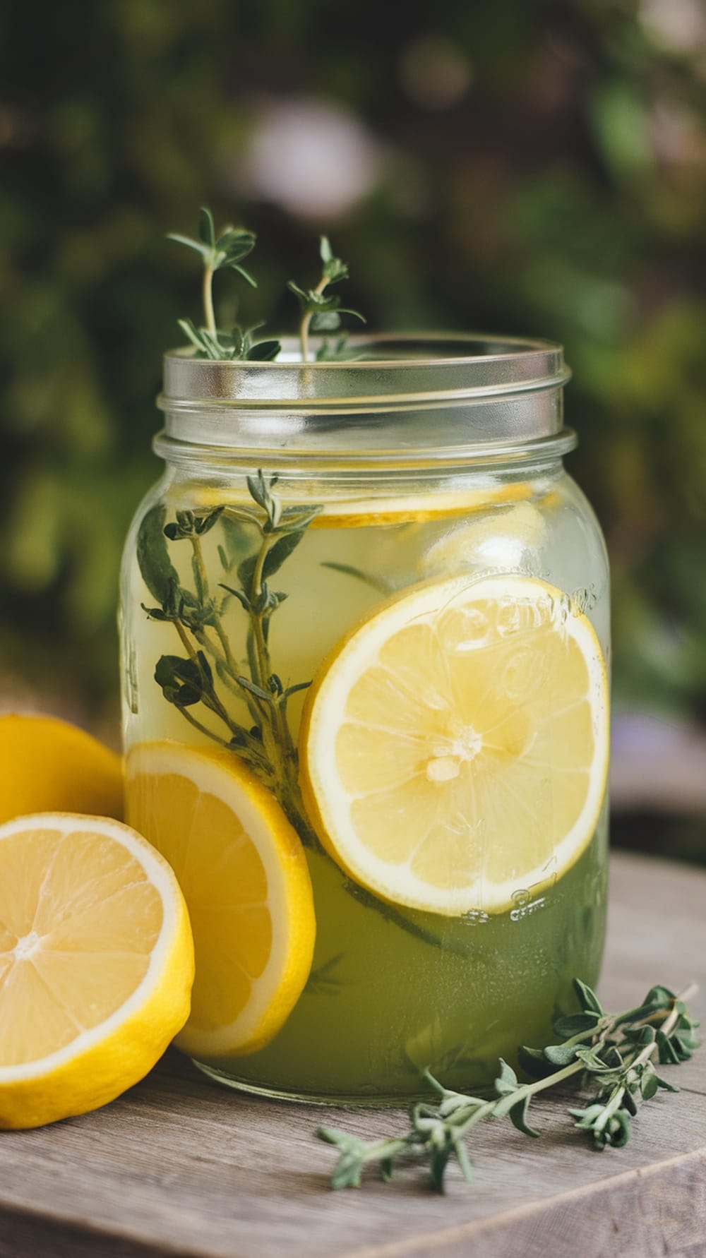 18 Epic Summer Cocktail Recipes to Keep You Cool All Season 10 A refreshing Minted Lemon Thyme Cooler in a jar with lemon slices and thyme sprigs.