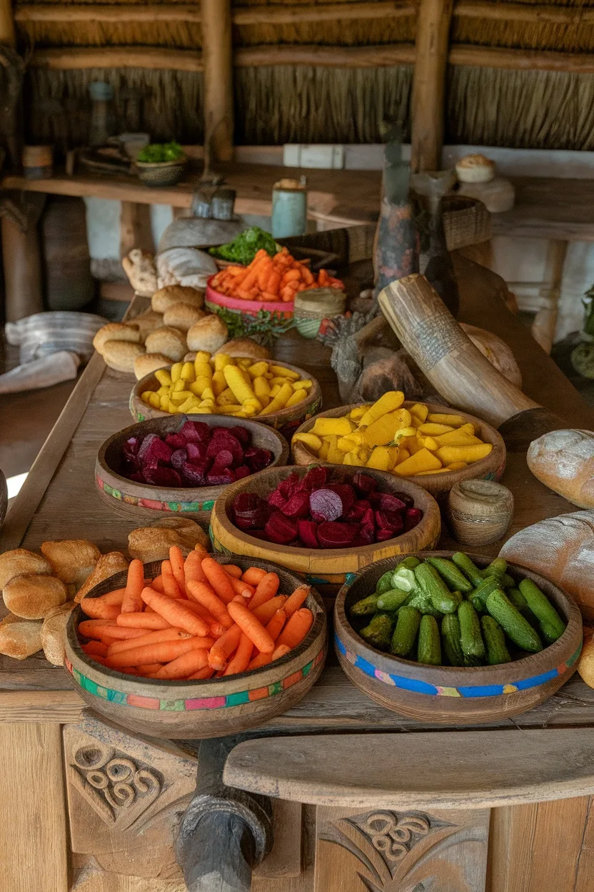 15 Delicious Food Ideas for a Viking-Themed Party 5 Wooden bowls filled with colorful pickled vegetables arranged on a table.