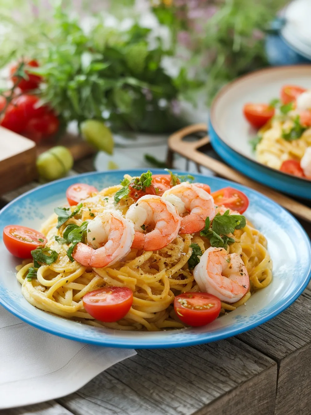 12 Genius Dinner Ideas for a Perfect Summer Evening 8 Delicious Garlic Butter Shrimp Zoodles served with cherry tomatoes and garnished with fresh parsley.