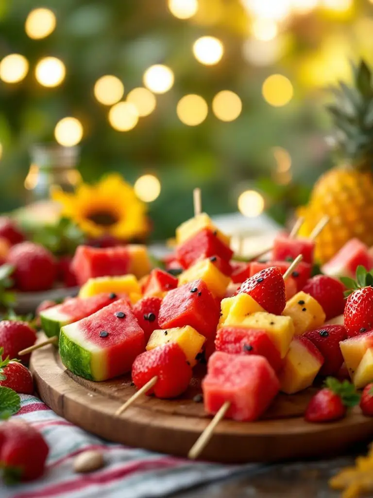12 Must-Have Foods and Drinks for Ultimate Backyard Movie Nights 10 Colorful fruit skewers made with watermelon, pineapple, and strawberries on a table.