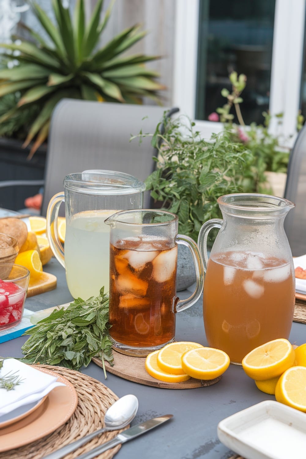 12 Must-Have Foods and Drinks for Ultimate Backyard Movie Nights 12 A variety of refreshing iced teas and lemonades in pitchers, surrounded by fresh ingredients.