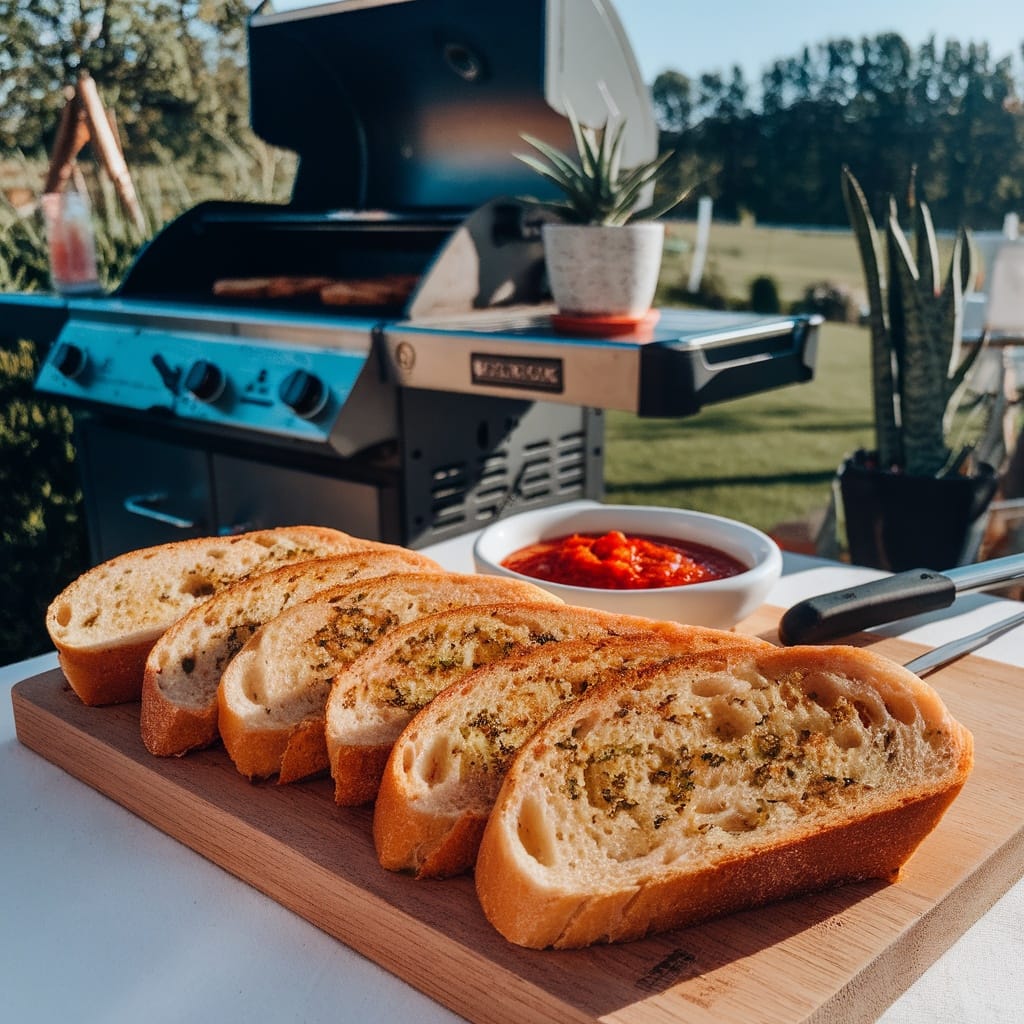 15 Ridiculously Tasty BBQ Sides That Steal the Show 11 Sliced roasted garlic bread on a wooden board with a dipping sauce on the side