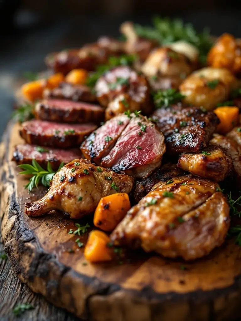 15 Delicious Food Ideas for a Viking-Themed Party 7 A delicious roasted meat platter featuring whole chickens and pork chops served with vegetables.