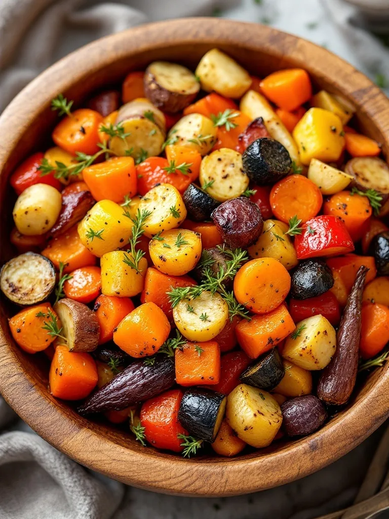 15 Delicious Food Ideas for a Viking-Themed Party 11 A medley of roasted root vegetables including carrots, parsnips, beets, and potatoes arranged in a wooden bowl.