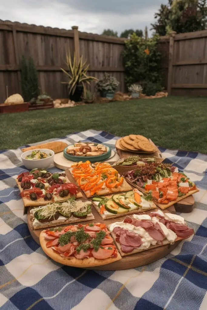 12 Must-Have Foods and Drinks for Ultimate Backyard Movie Nights 8 A picnic setting with various savory flatbreads, perfect for sharing during a movie night.
