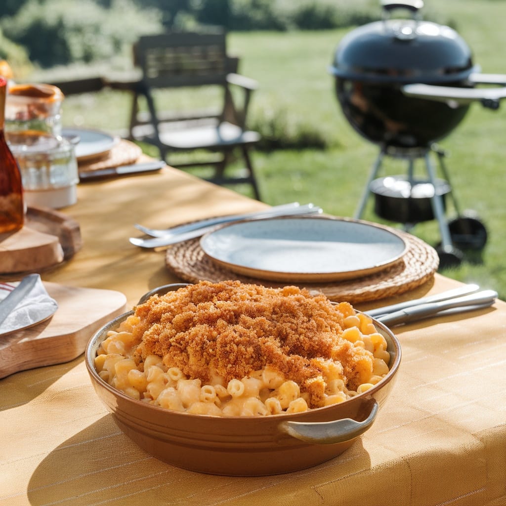 15 Ridiculously Tasty BBQ Sides That Steal the Show 9 Bowl of cheesy mac and cheese topped with breadcrumbs on a table set for BBQ