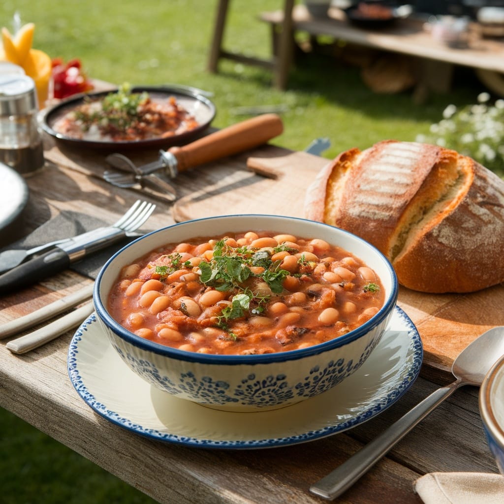 15 Ridiculously Tasty BBQ Sides That Steal the Show 2 A bowl of smoky bacon beans garnished with herbs, served on a plate.