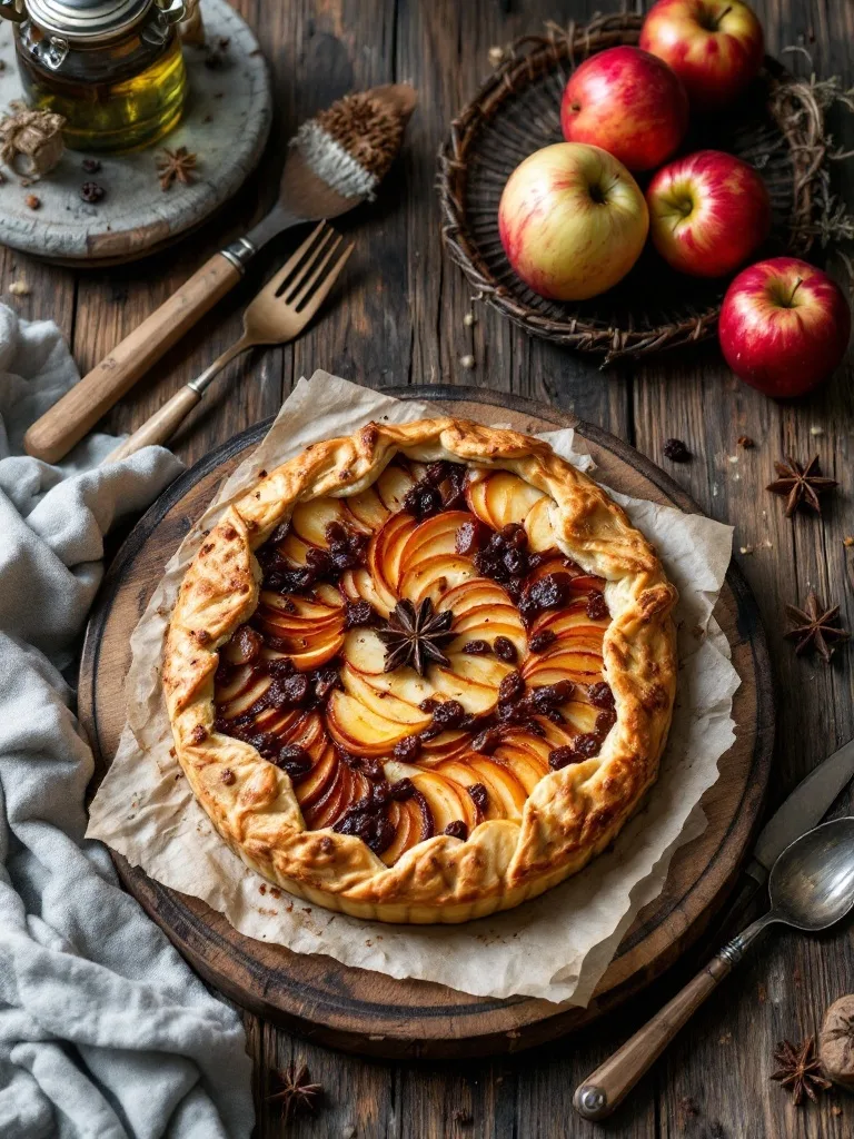 15 Delicious Food Ideas for a Viking-Themed Party 9 A beautifully arranged spiced apple and raisin tart on a wooden serving board.