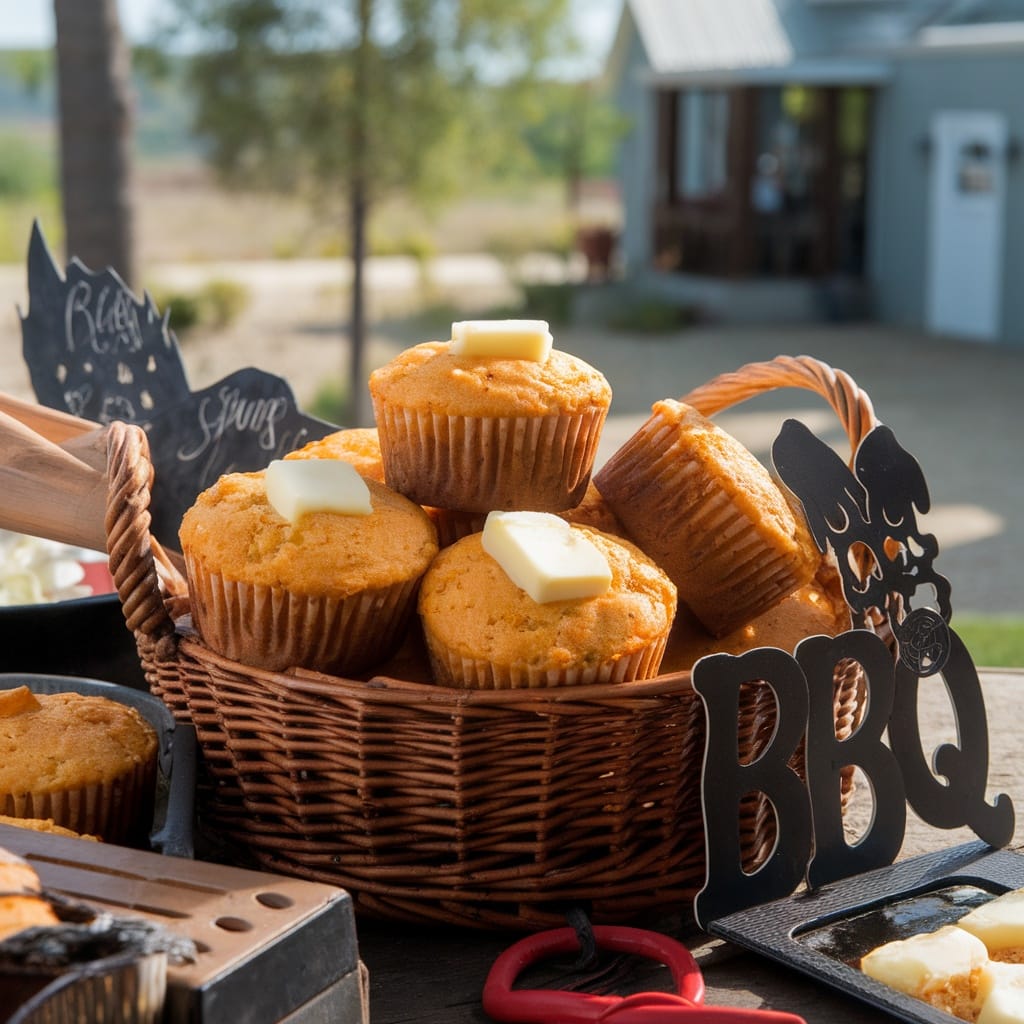 15 Ridiculously Tasty BBQ Sides That Steal the Show 14 A basket of spicy cornbread muffins topped with butter.